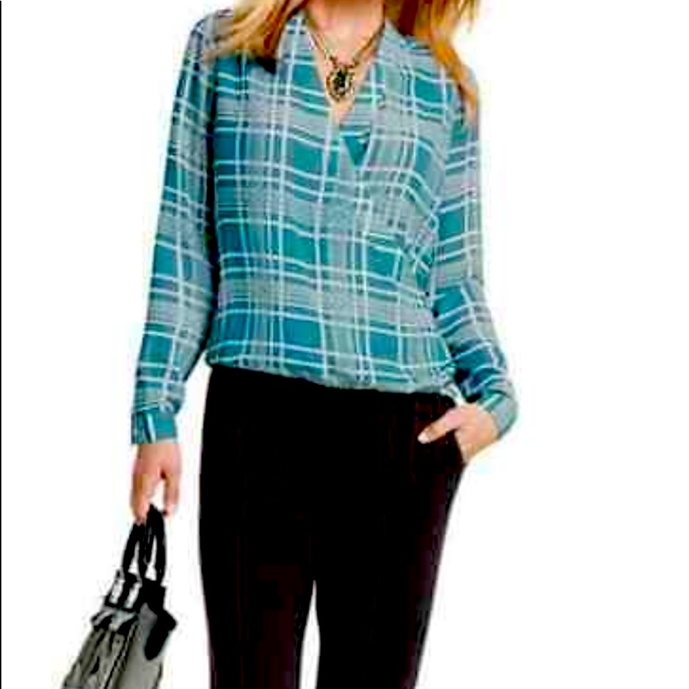 Cabi Surplice Blouse Teal Cream Windowpane Plaid Chiffon Size M